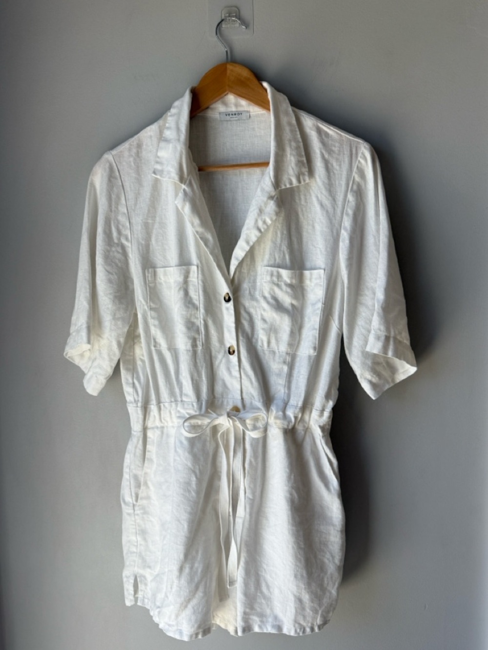 Venroy White Linen Camp Collar Playsuit Romper